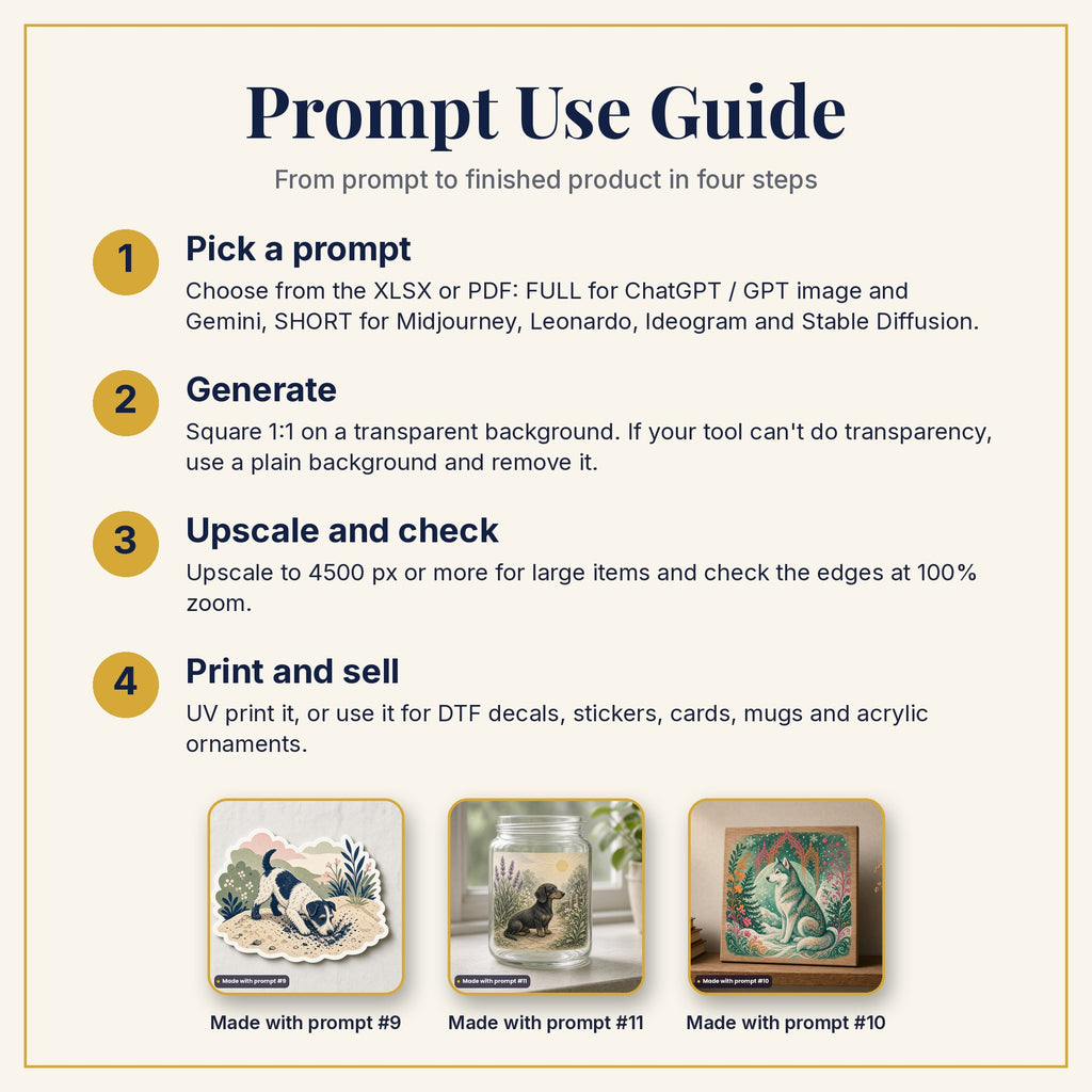 Prompt Use Guide: pick a prompt, generate, upscale and check, then print and sell, with example products made with prompts #9, #11 and #10