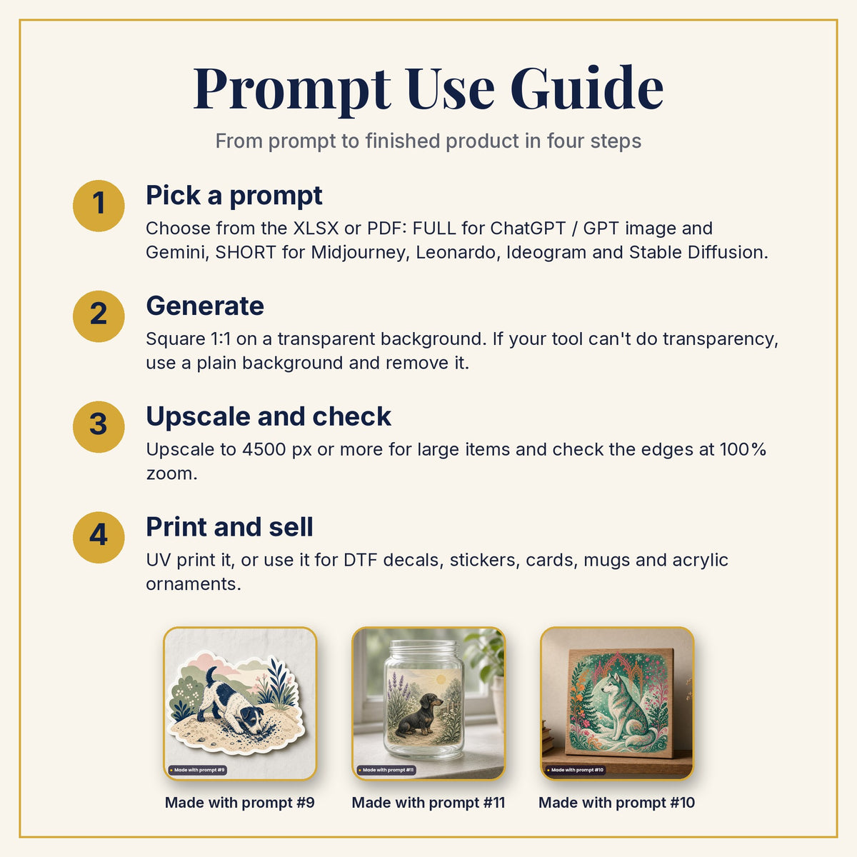 Prompt Use Guide: pick a prompt, generate, upscale and check, then print and sell, with example products made with prompts #9, #11 and #10