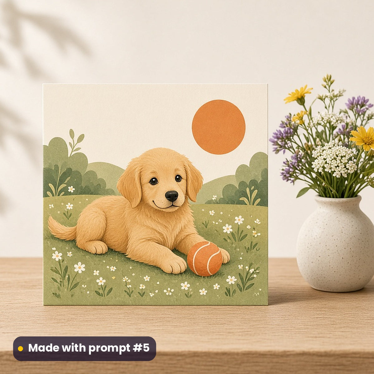 International Dog Day artwork printed on a flat-printed greeting card: golden retriever with a ball, cute kawaii style, made with prompt #5 from this pack