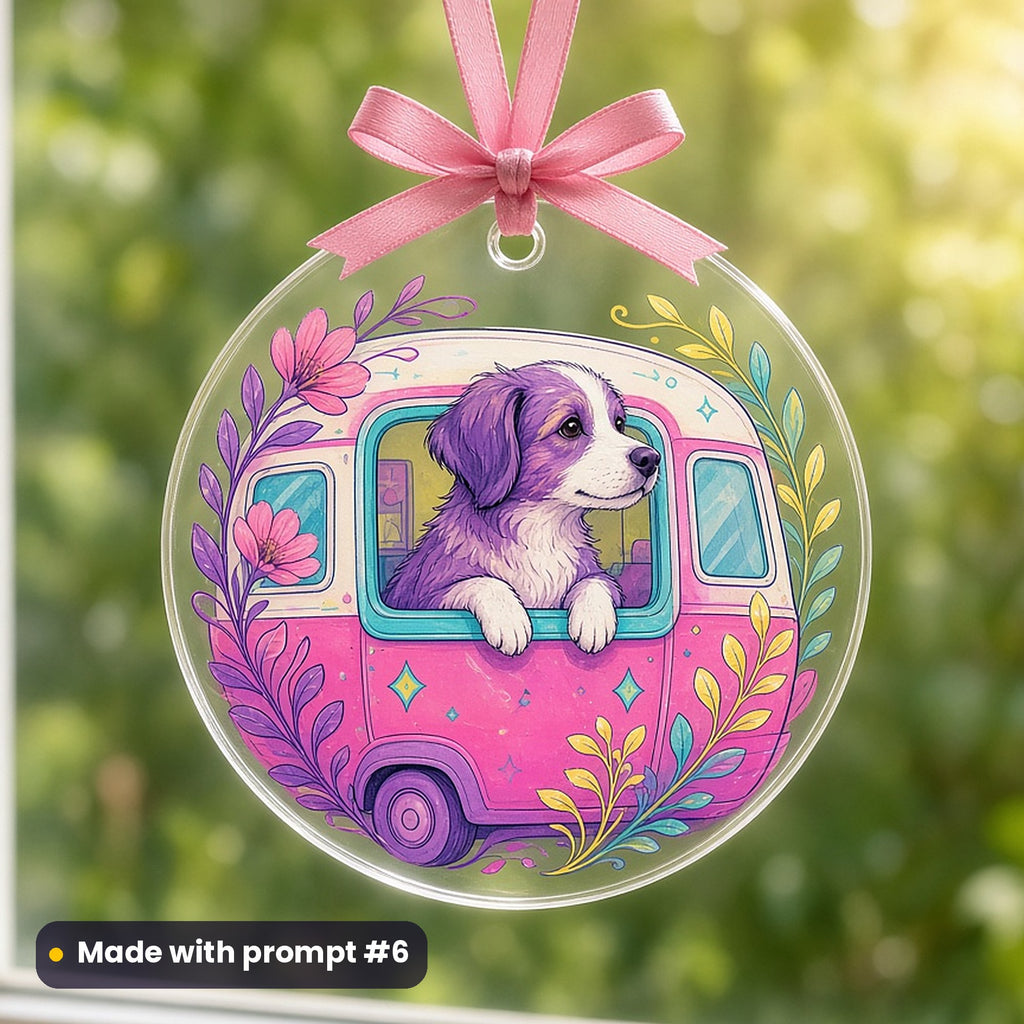International Dog Day artwork printed on a UV-printed clear acrylic ornament: dog looking out of a camper window, elegant line & floral style, made with prompt #6 from this pack