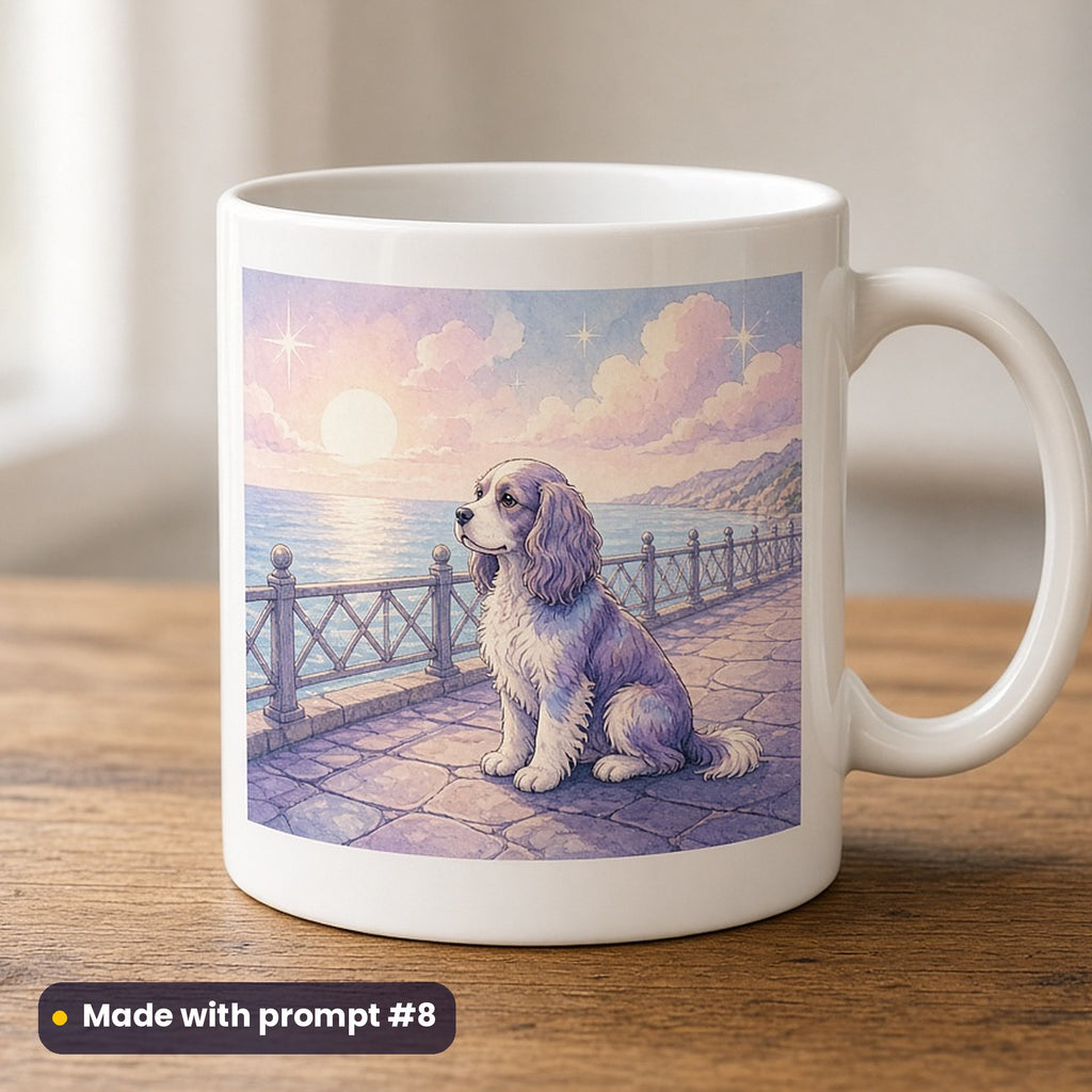International Dog Day artwork printed on a UV-printed ceramic mug: retro postcard-style dog on a seaside promenade, fantasy luminous style, made with prompt #8 from this pack