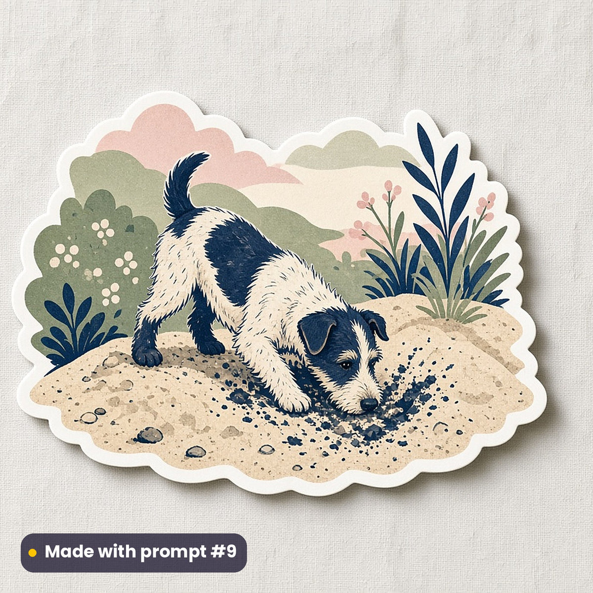 International Dog Day artwork printed on a die-cut vinyl sticker: terrier digging in the sand, folk art style, made with prompt #9 from this pack