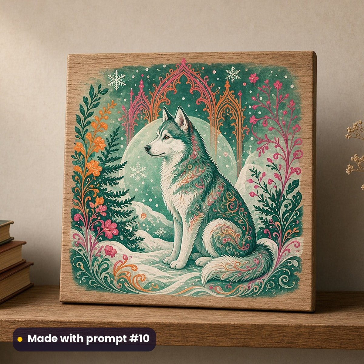 International Dog Day artwork printed on a UV-printed wooden plaque: husky in the snow, gothic romantic style, made with prompt #10 from this pack