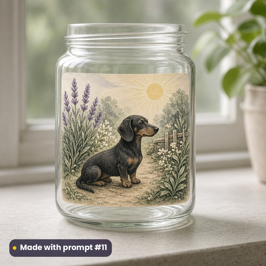 International Dog Day artwork printed on a UV DTF decal on glass: dachshund in a sunny garden, handcrafted clay illusion style, made with prompt #11 from this pack