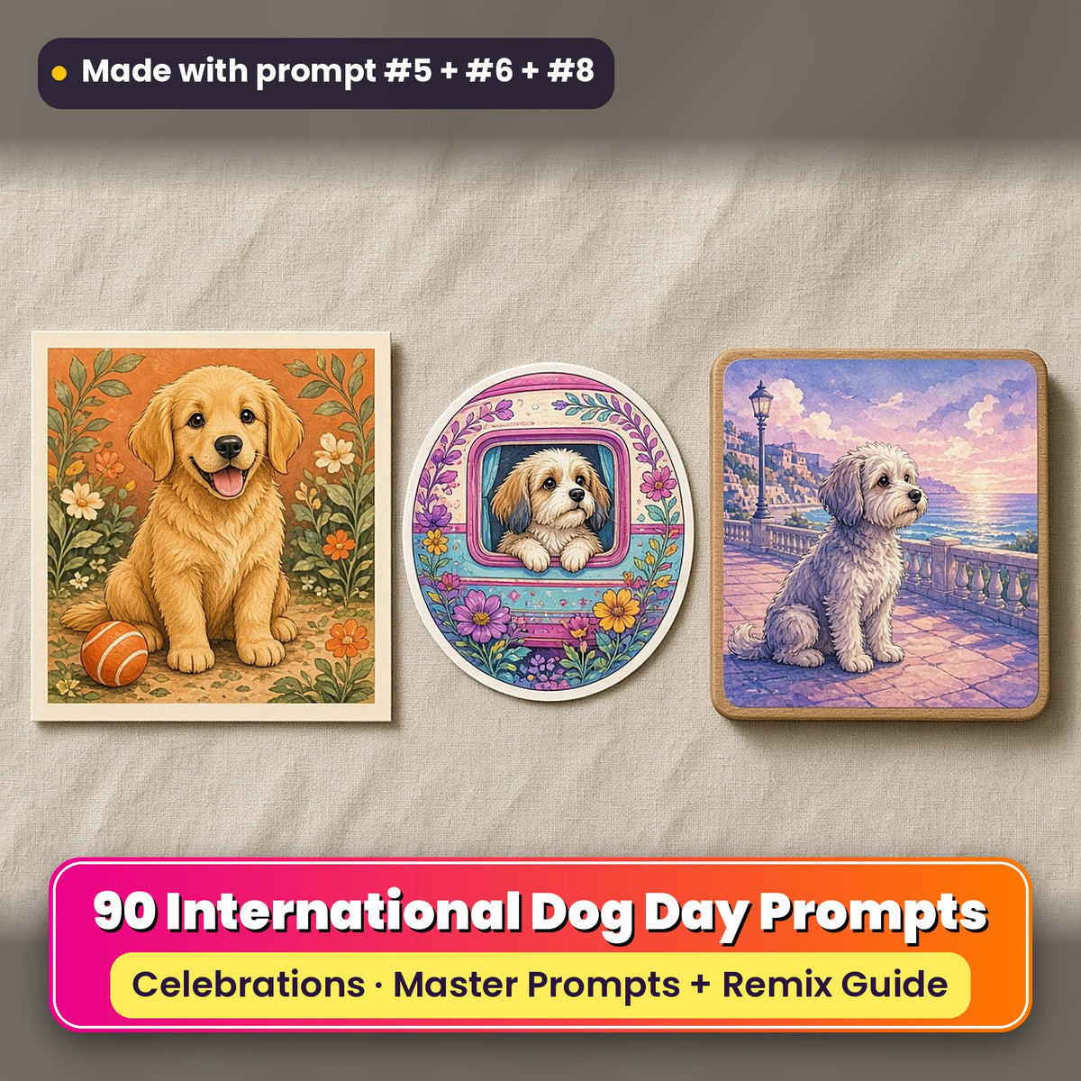 International Dog Day prompt pack: 90 master prompts + Remix Guide, with a UV-printed greeting card, acrylic ornament and mug set made with prompts #5, #6 and #8