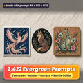 August Evergreen prompt library: 2,422 master prompts + Remix Guide, with a UV-printed greeting card, acrylic ornament and mug set made with prompts #8, #21 and #32