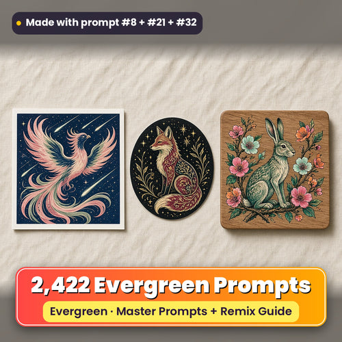 August Evergreen prompt library: 2,422 master prompts + Remix Guide, with a UV-printed greeting card, acrylic ornament and mug set made with prompts #8, #21 and #32