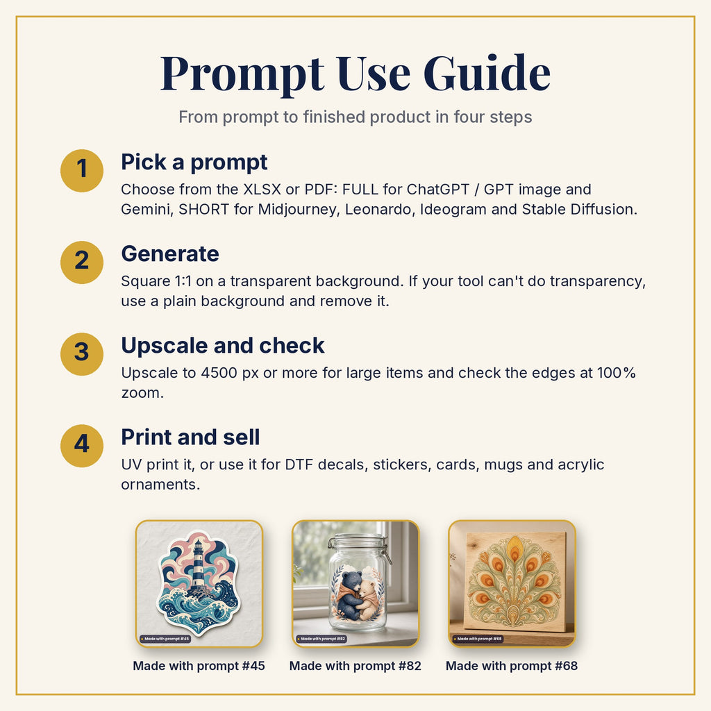 Prompt Use Guide: pick a prompt, generate, upscale and check, then print and sell, with example products made with prompts #45, #82 and #68