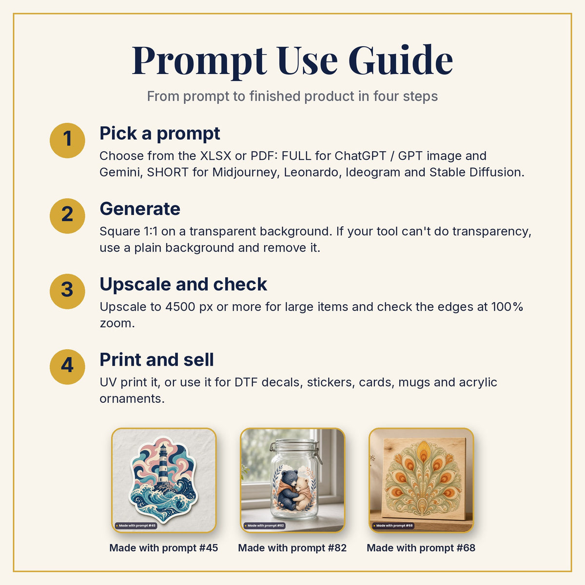 Prompt Use Guide: pick a prompt, generate, upscale and check, then print and sell, with example products made with prompts #45, #82 and #68