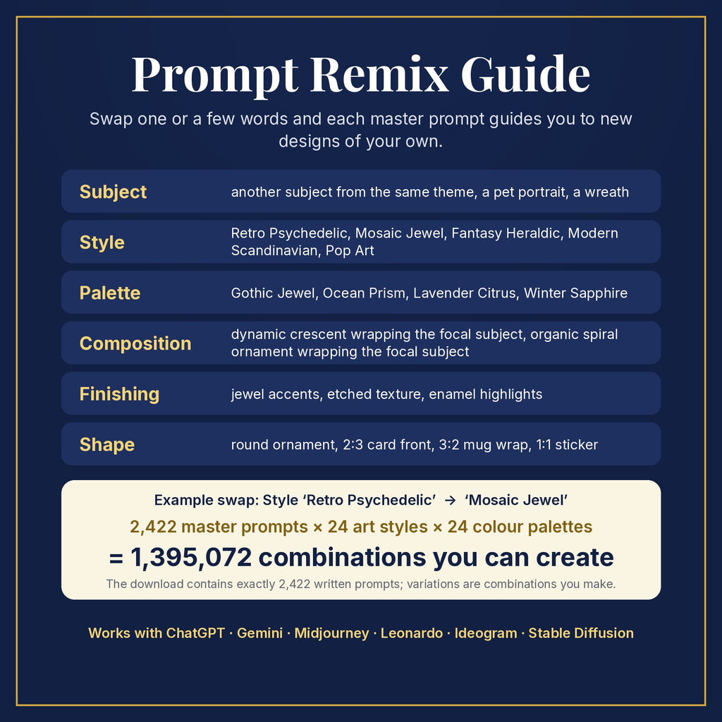 Prompt Remix Guide: swap subject, style, palette, composition, finishing and shape; 2,422 master prompts × 24 styles × 24 palettes = 1,395,072 combinations you can create