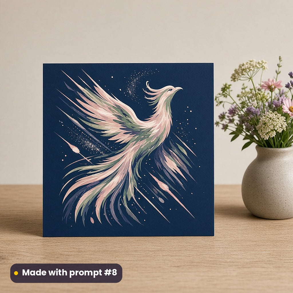 Celestial & Astrology artwork printed on a flat-printed greeting card: meteor-trail phoenix, neon graphic style, made with prompt #8 from this pack