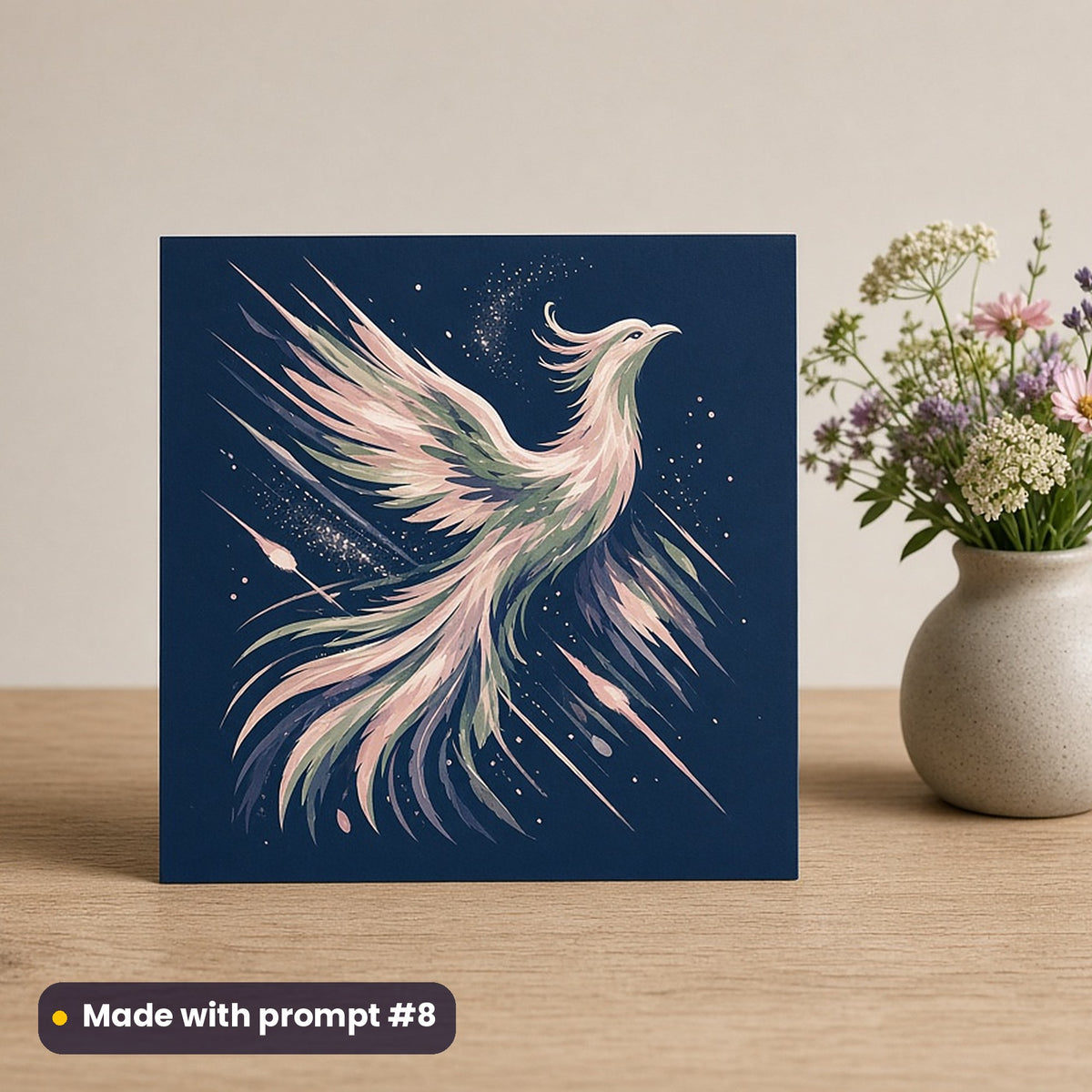 Celestial & Astrology artwork printed on a flat-printed greeting card: meteor-trail phoenix, neon graphic style, made with prompt #8 from this pack