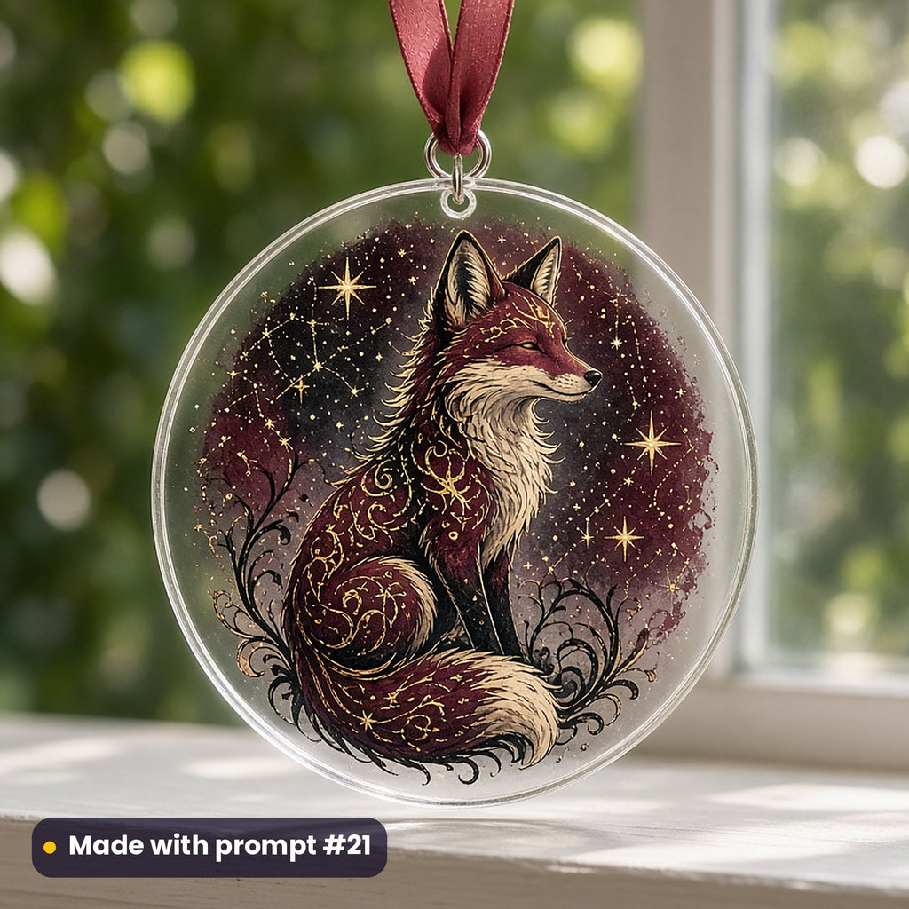 Fantasy Creatures artwork printed on a UV-printed clear acrylic ornament: starry fox familiar, contemporary tattoo style, made with prompt #21 from this pack
