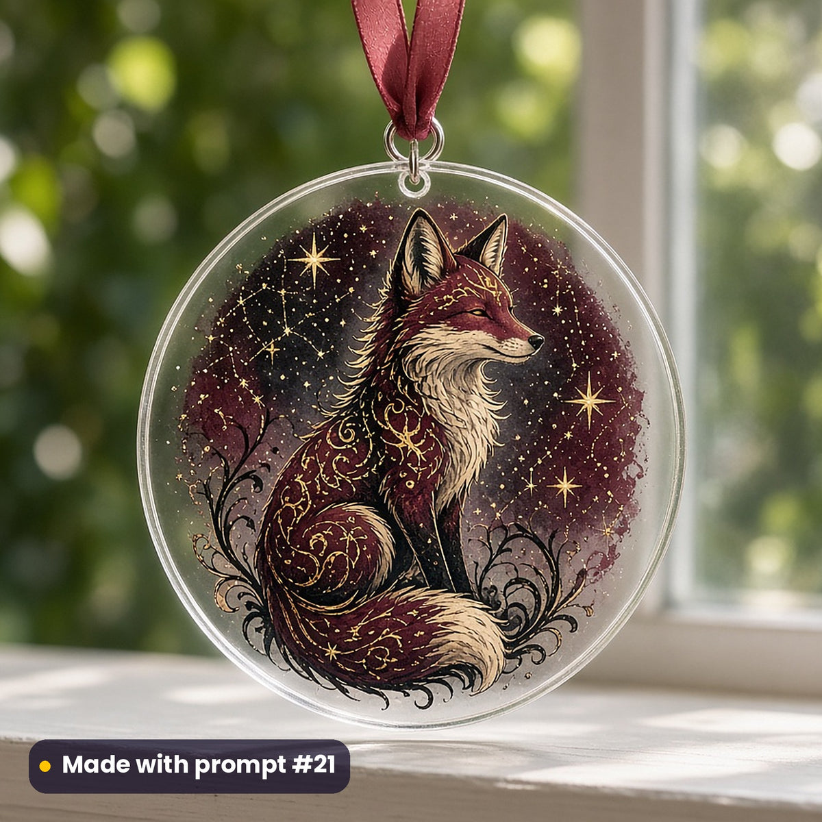 Fantasy Creatures artwork printed on a UV-printed clear acrylic ornament: starry fox familiar, contemporary tattoo style, made with prompt #21 from this pack