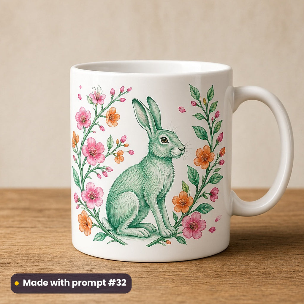 Seasons & Woodland artwork printed on a UV-printed ceramic mug: spring hare with blossoms, elegant line & floral style, made with prompt #32 from this pack