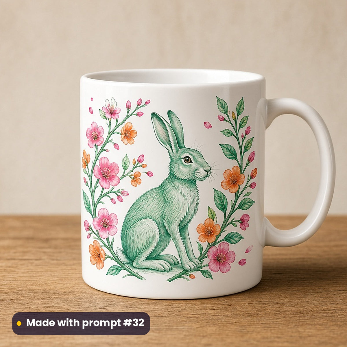 Seasons & Woodland artwork printed on a UV-printed ceramic mug: spring hare with blossoms, elegant line & floral style, made with prompt #32 from this pack