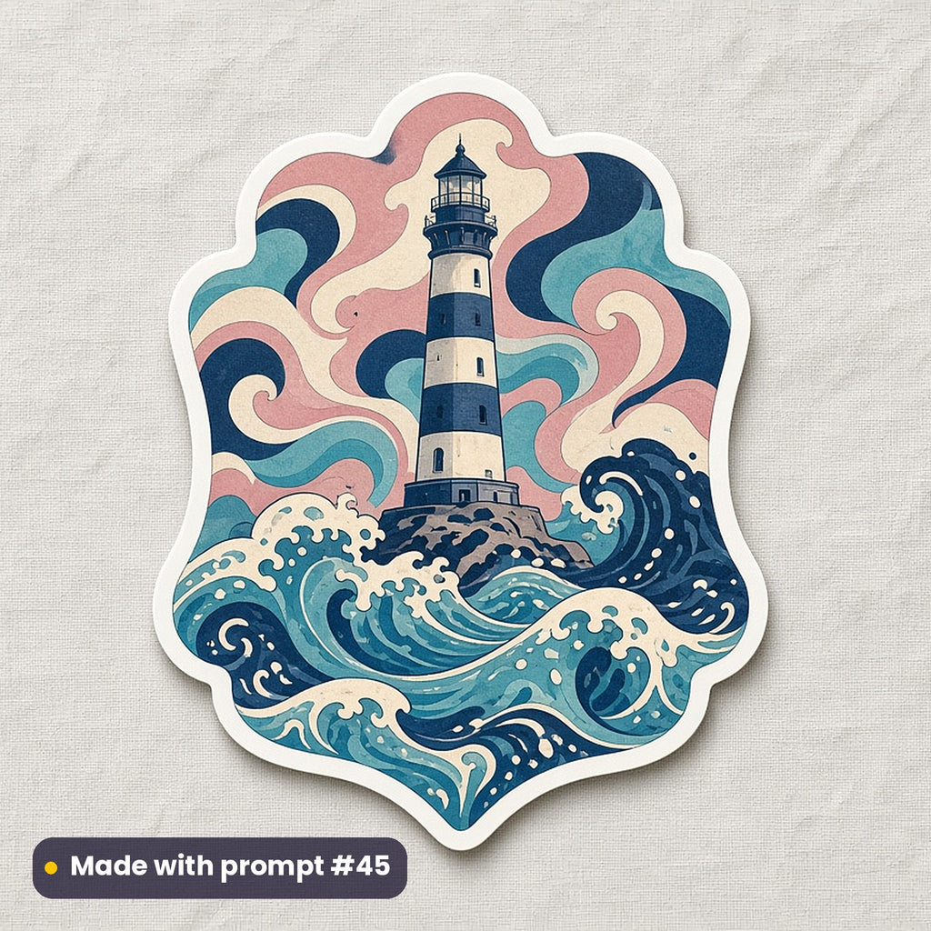 Travel & Coastal artwork printed on a die-cut vinyl sticker: lighthouse with storm-wave motif contained inside crest, retro psychedelic style, made with prompt #45 from this pack
