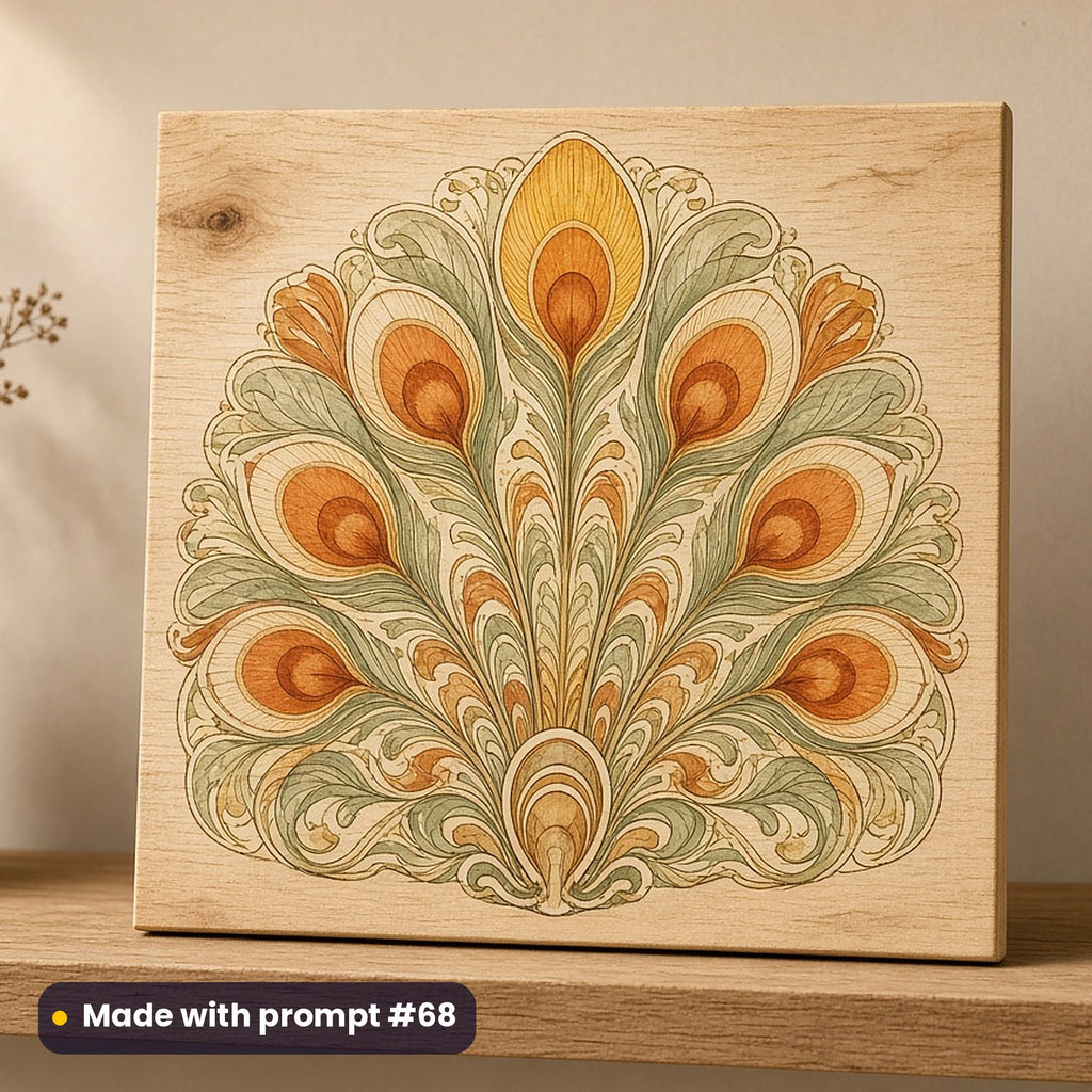 Geometric & Ornament artwork printed on a UV-printed wooden plaque: art nouveau peacock feather fan, watercolour & ink style, made with prompt #68 from this pack