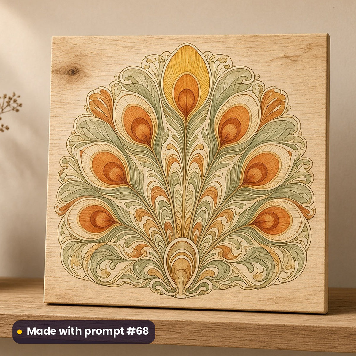Geometric & Ornament artwork printed on a UV-printed wooden plaque: art nouveau peacock feather fan, watercolour & ink style, made with prompt #68 from this pack
