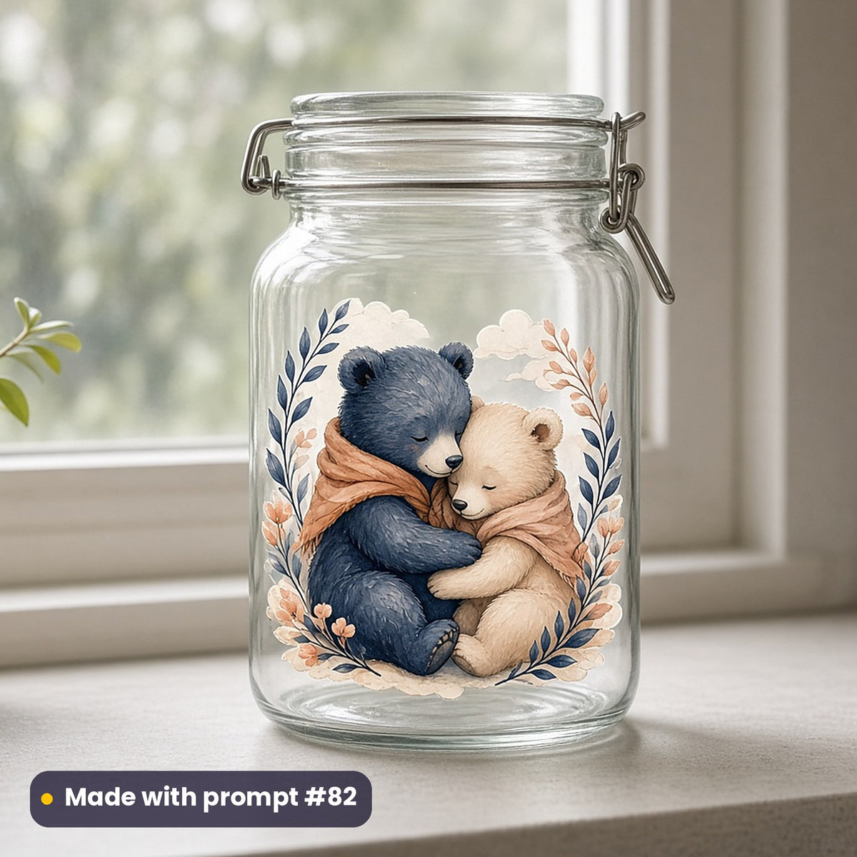 Love & Friendship artwork printed on a UV DTF decal on glass: two hugging bear cubs, luxury porcelain style, made with prompt #82 from this pack