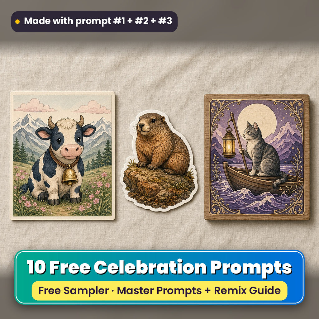 Worldwide Celebrations Free Prompt Sampler prompt pack: 10 master prompts + Remix Guide, with a UV-printed greeting card, acrylic ornament and mug set made with prompts #1, #2 and #3