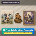 Worldwide Celebrations Free Prompt Sampler prompt pack: 10 master prompts + Remix Guide, with a UV-printed greeting card, acrylic ornament and mug set made with prompts #1, #2 and #3