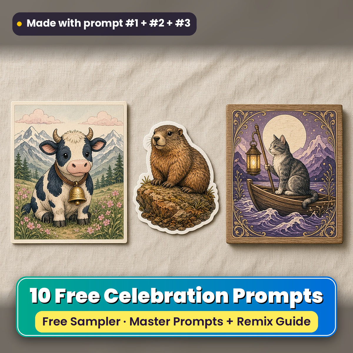 Worldwide Celebrations Free Prompt Sampler prompt pack: 10 master prompts + Remix Guide, with a UV-printed greeting card, acrylic ornament and mug set made with prompts #1, #2 and #3