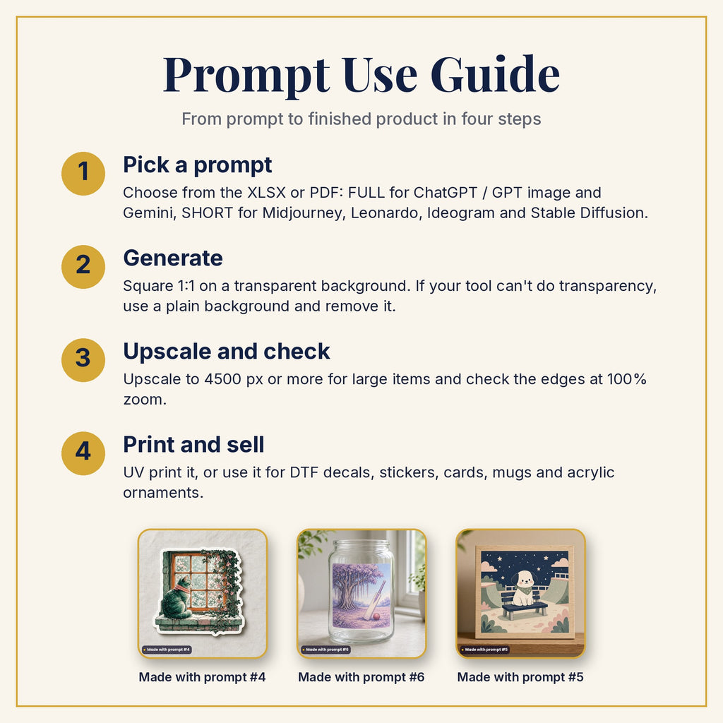 Prompt Use Guide: pick a prompt, generate, upscale and check, then print and sell, with example products made with prompts #4, #6 and #5