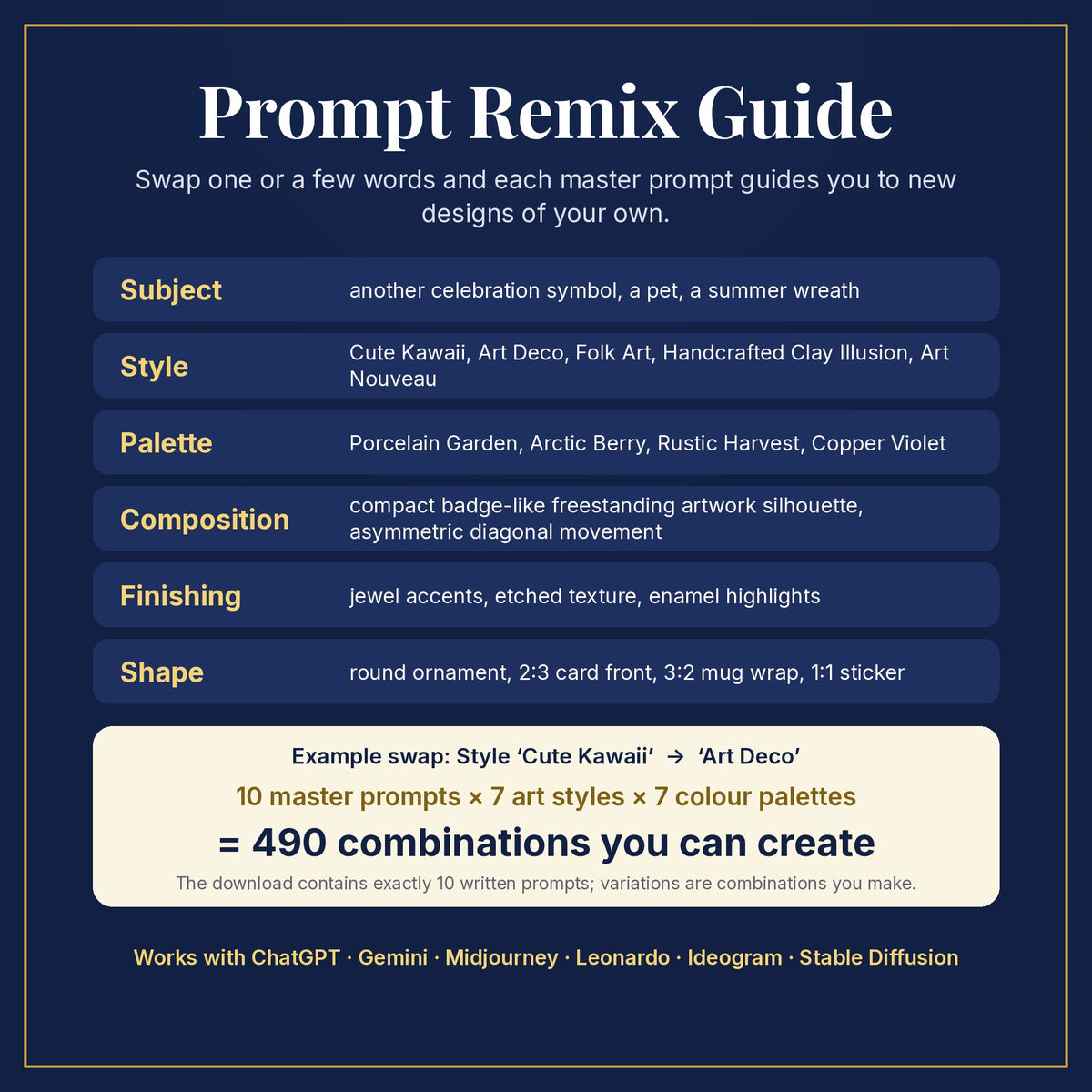 Prompt Remix Guide: swap subject, style, palette, composition, finishing and shape; 10 master prompts × 7 styles × 7 palettes = 490 combinations you can create