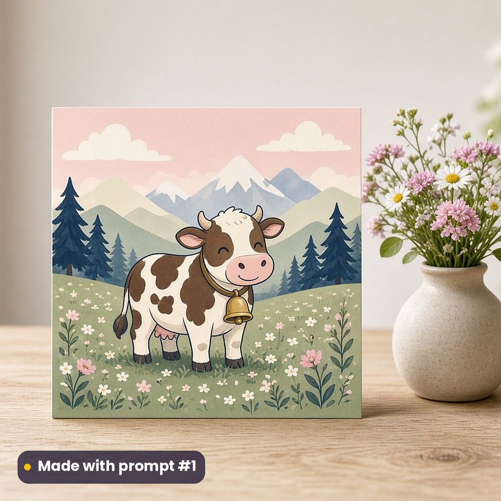 Swiss National Day artwork printed on a flat-printed greeting card: alpine cow with a big brass bell, cute kawaii style, made with prompt #1 from this pack