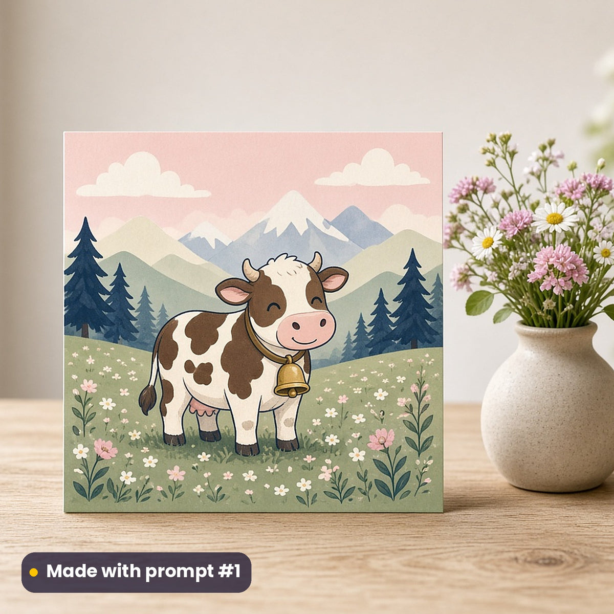 Swiss National Day artwork printed on a flat-printed greeting card: alpine cow with a big brass bell, cute kawaii style, made with prompt #1 from this pack