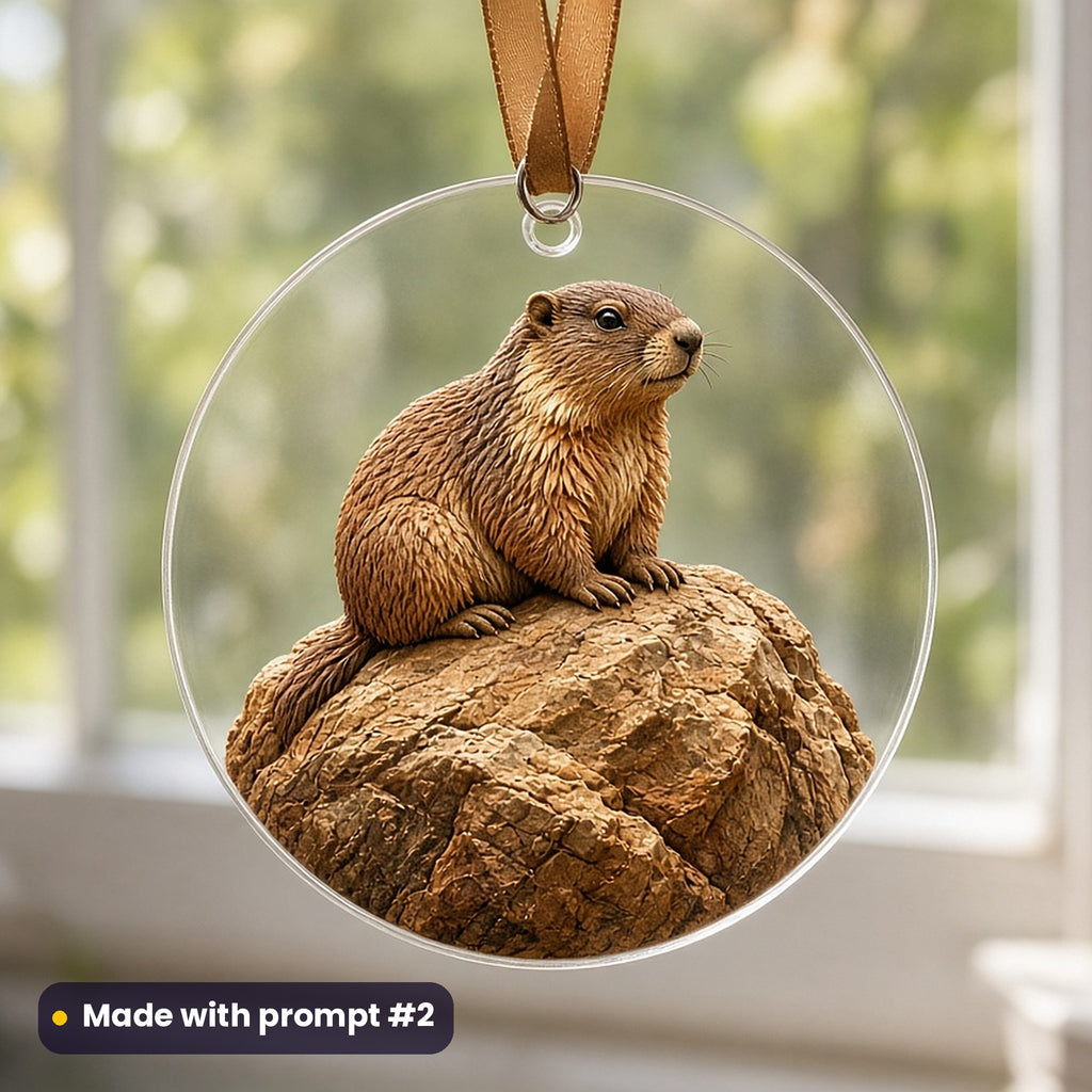 Swiss National Day artwork printed on a UV-printed clear acrylic ornament: marmot sitting up on a boulder, handcrafted clay illusion style, made with prompt #2 from this pack