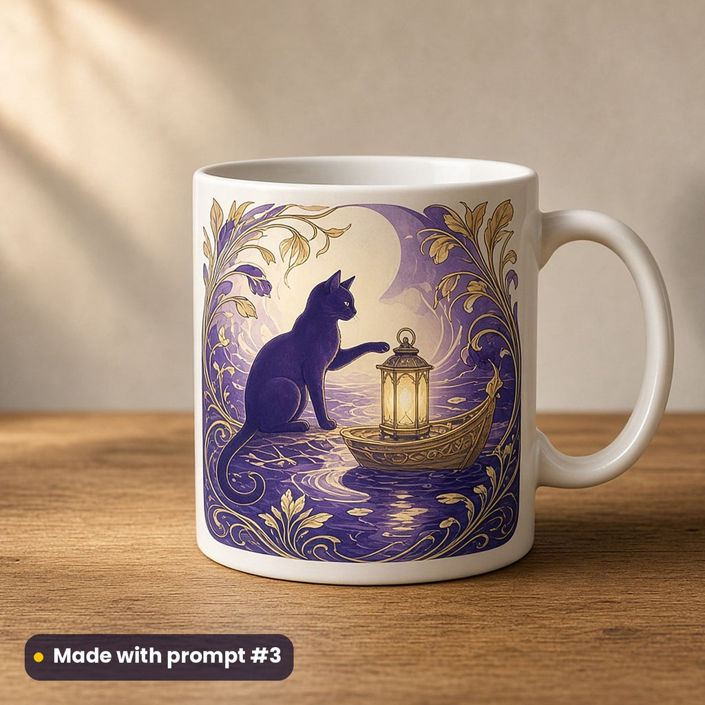 International Cat Day artwork printed on a UV-printed ceramic mug: cat guiding a lantern boat, art nouveau style, made with prompt #3 from this pack