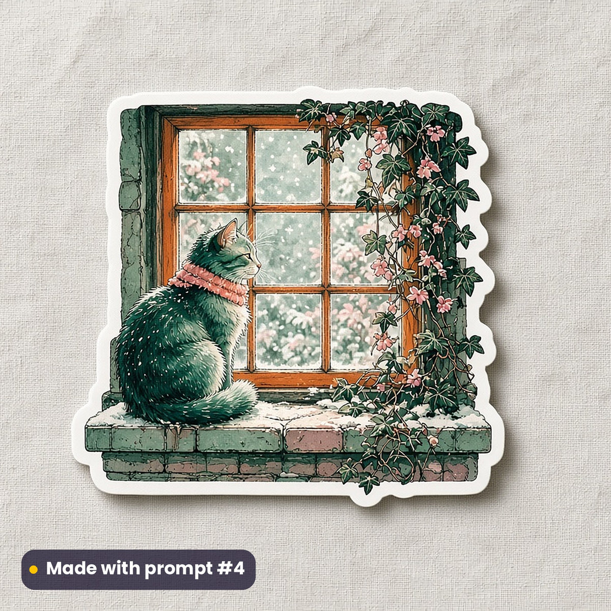 International Cat Day artwork printed on a die-cut vinyl sticker: cat on a snowy windowsill, gothic romantic style, made with prompt #4 from this pack