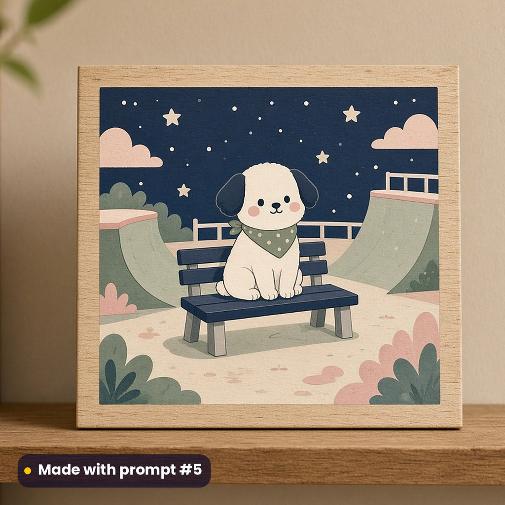 International Youth Day artwork printed on a UV-printed wooden plaque: dog on a skate park bench, cute kawaii style, made with prompt #5 from this pack