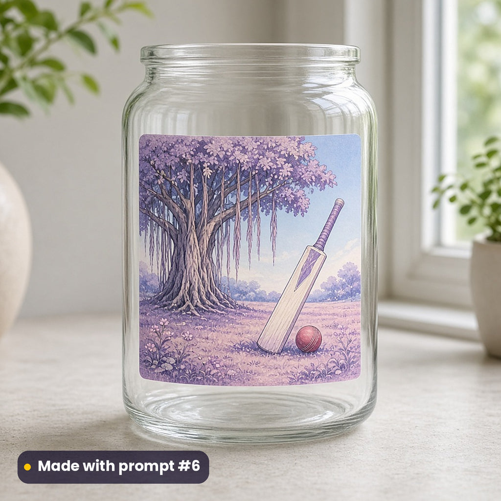 Indian Independence Day artwork printed on a UV DTF decal on glass: cricket bat and ball under a banyan tree, cottagecore style, made with prompt #6 from this pack