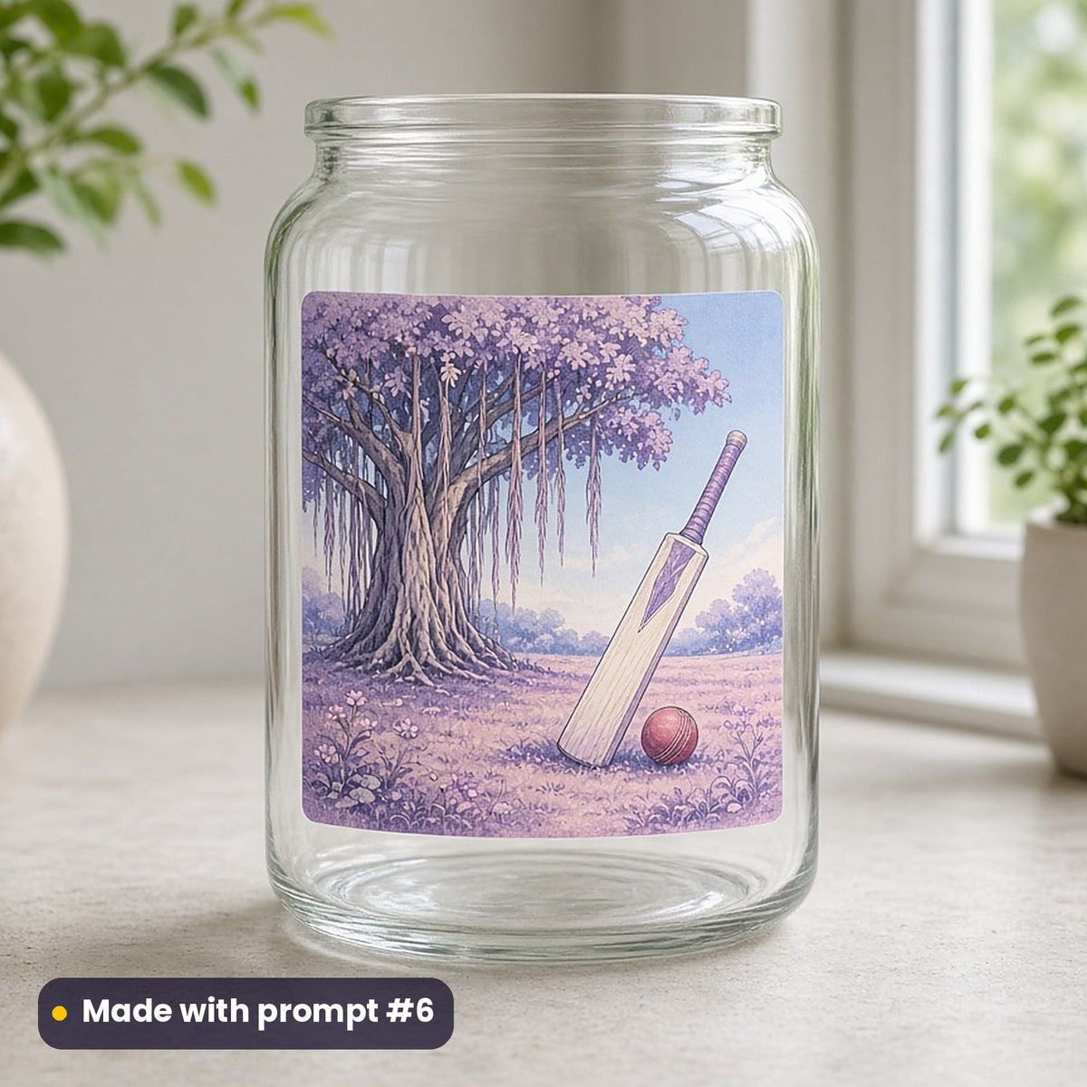 Indian Independence Day artwork printed on a UV DTF decal on glass: cricket bat and ball under a banyan tree, cottagecore style, made with prompt #6 from this pack