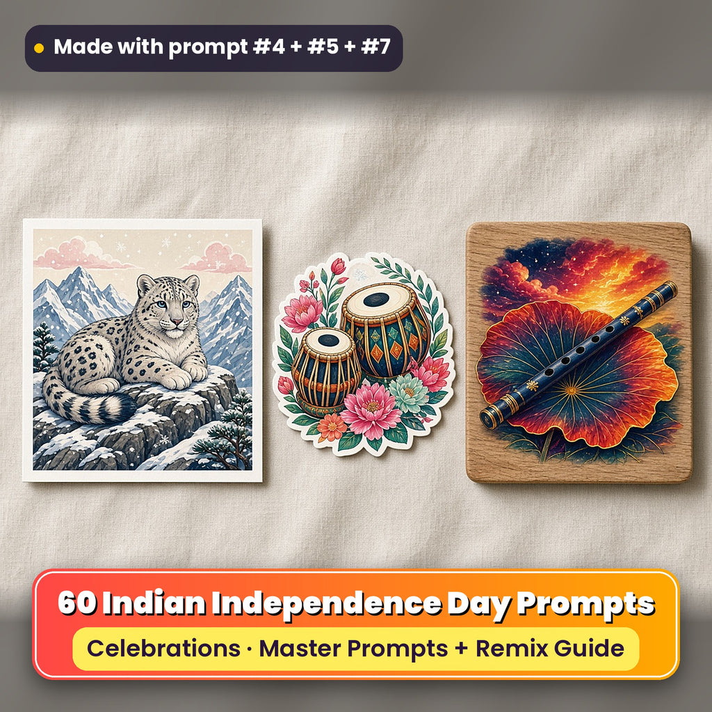 Indian Independence Day prompt pack: 60 master prompts + Remix Guide, with a UV-printed greeting card, acrylic ornament and mug set made with prompts #4, #5 and #7