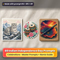 Indian Independence Day prompt pack: 60 master prompts + Remix Guide, with a UV-printed greeting card, acrylic ornament and mug set made with prompts #4, #5 and #7