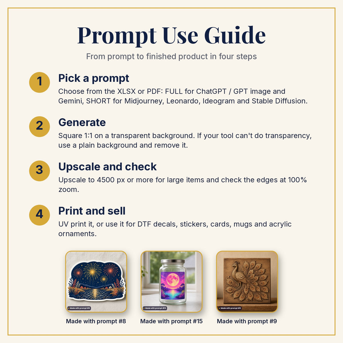 Prompt Use Guide: pick a prompt, generate, upscale and check, then print and sell, with example products made with prompts #8, #15 and #9