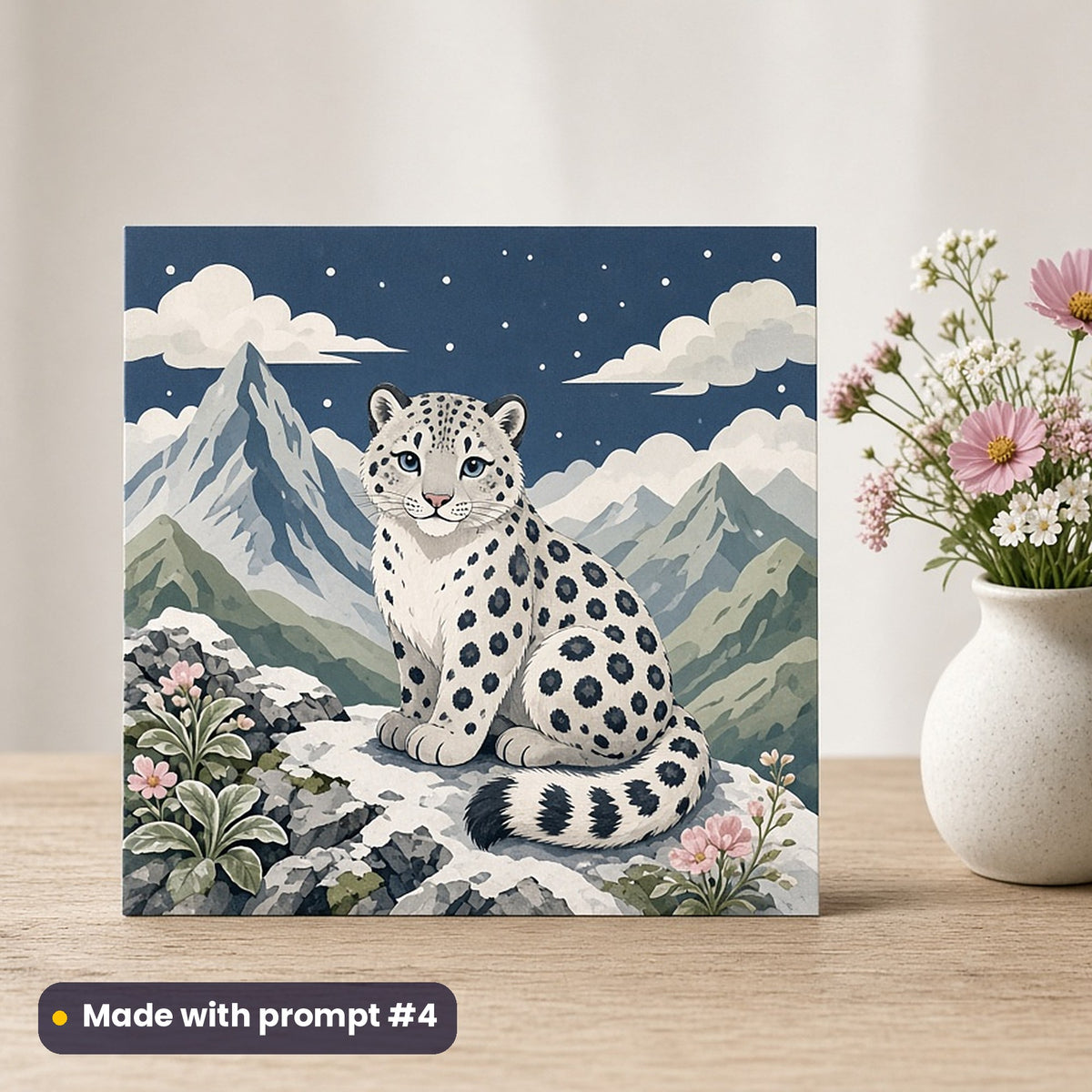 Indian Independence Day artwork printed on a flat-printed greeting card: snow leopard on a Himalayan ledge, cute kawaii style, made with prompt #4 from this pack