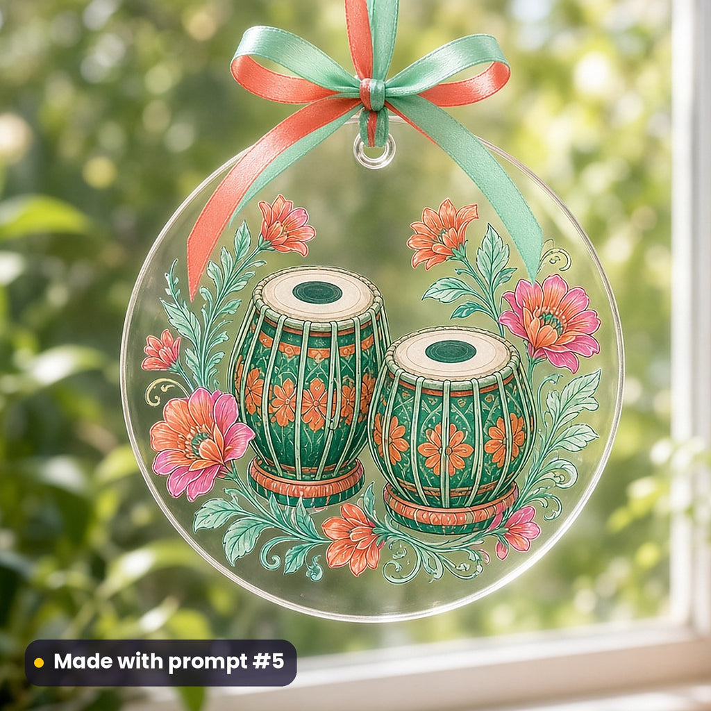 Indian Independence Day artwork printed on a UV-printed clear acrylic ornament: tabla drums with flowers, elegant line & floral style, made with prompt #5 from this pack