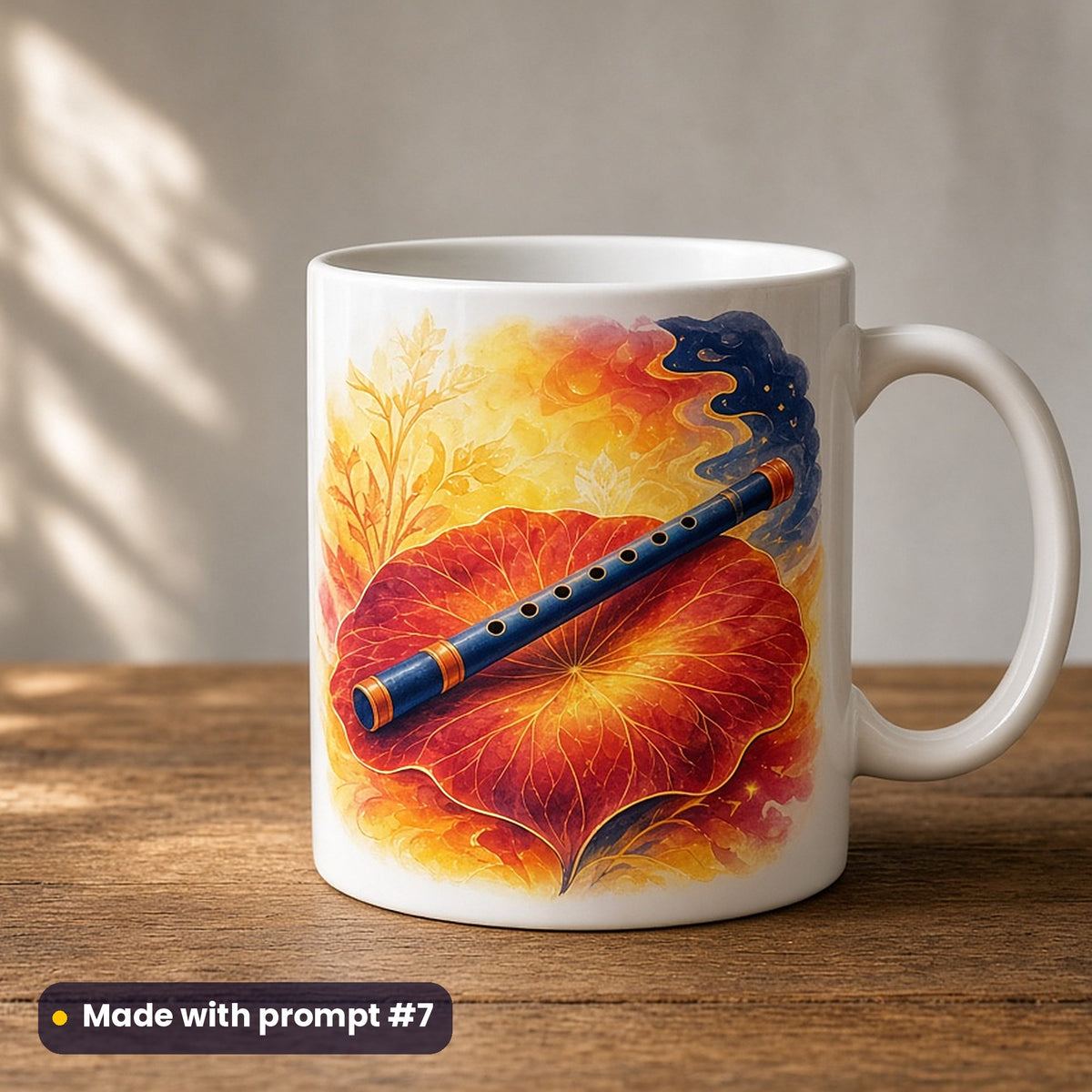 Indian Independence Day artwork printed on a UV-printed ceramic mug: flute resting on a lotus leaf, fantasy luminous style, made with prompt #7 from this pack
