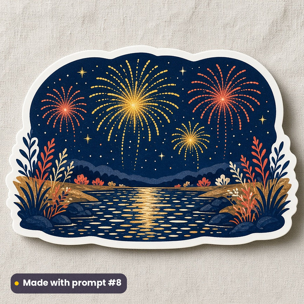 Indian Independence Day artwork printed on a die-cut vinyl sticker: fireworks over a riverbank, folk art style, made with prompt #8 from this pack