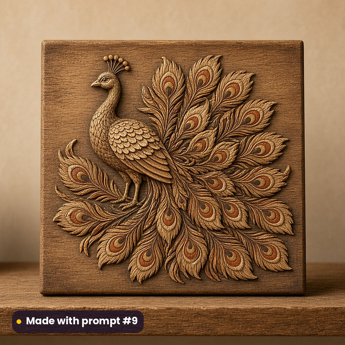 Indian Independence Day artwork printed on a UV-printed wooden plaque: peacock displaying its feathers, handcrafted clay illusion style, made with prompt #9 from this pack