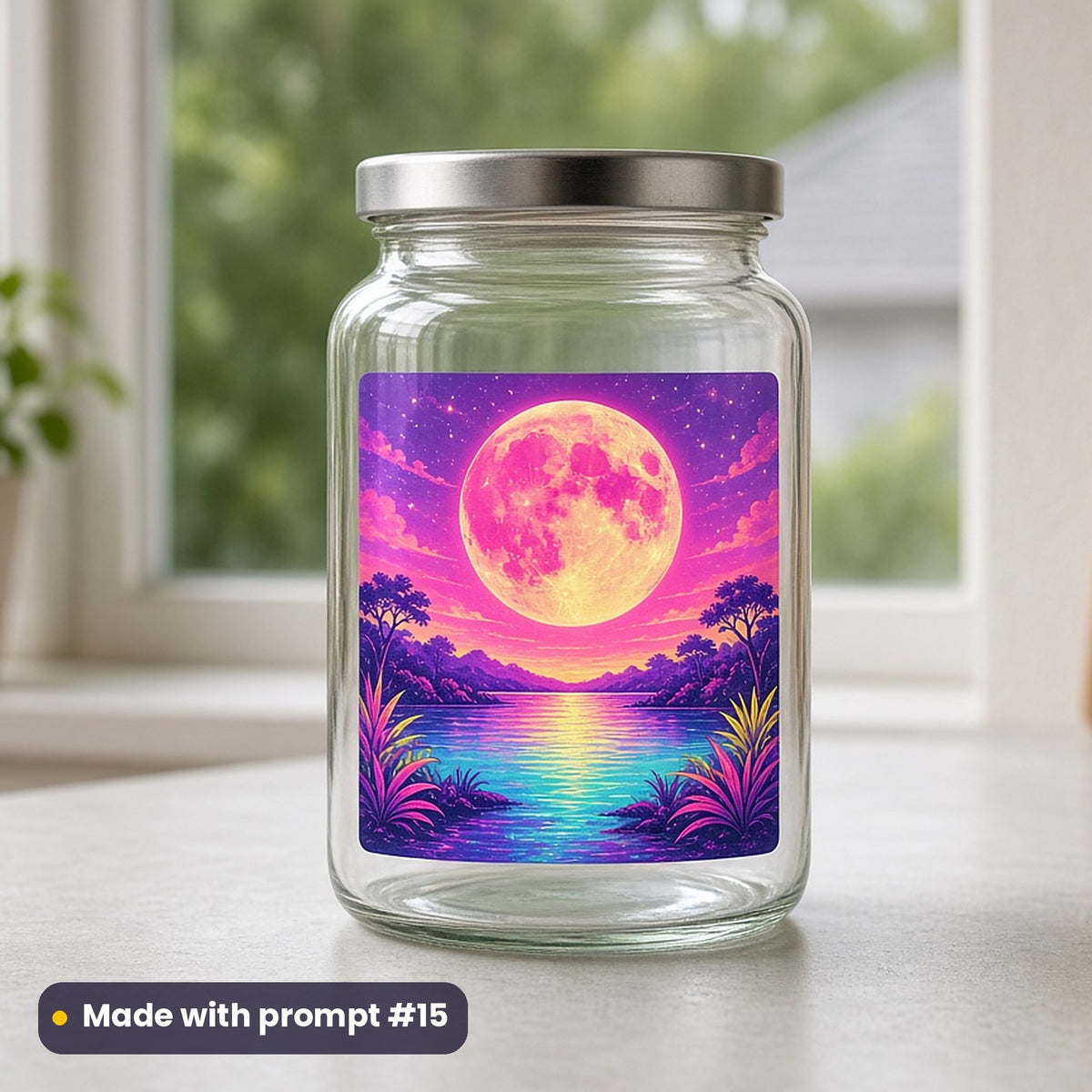 Indian Independence Day artwork printed on a UV DTF decal on glass: full moon over a calm river, neon graphic style, made with prompt #15 from this pack