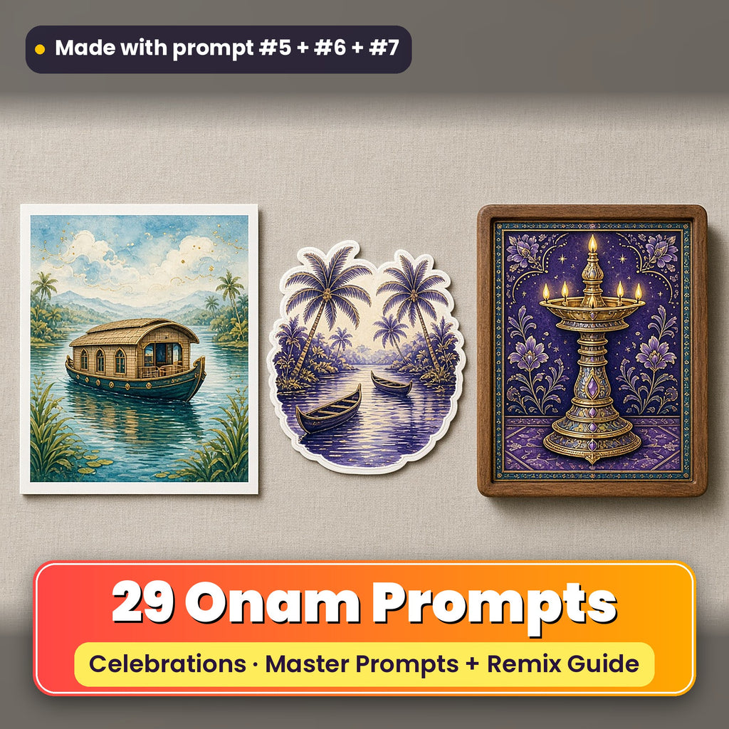 Onam prompt pack: 29 master prompts + Remix Guide, with a UV-printed greeting card, acrylic ornament and mug set made with prompts #5, #6 and #7