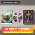 Onam prompt pack: 29 master prompts + Remix Guide, with a UV-printed greeting card, acrylic ornament and mug set made with prompts #5, #6 and #7