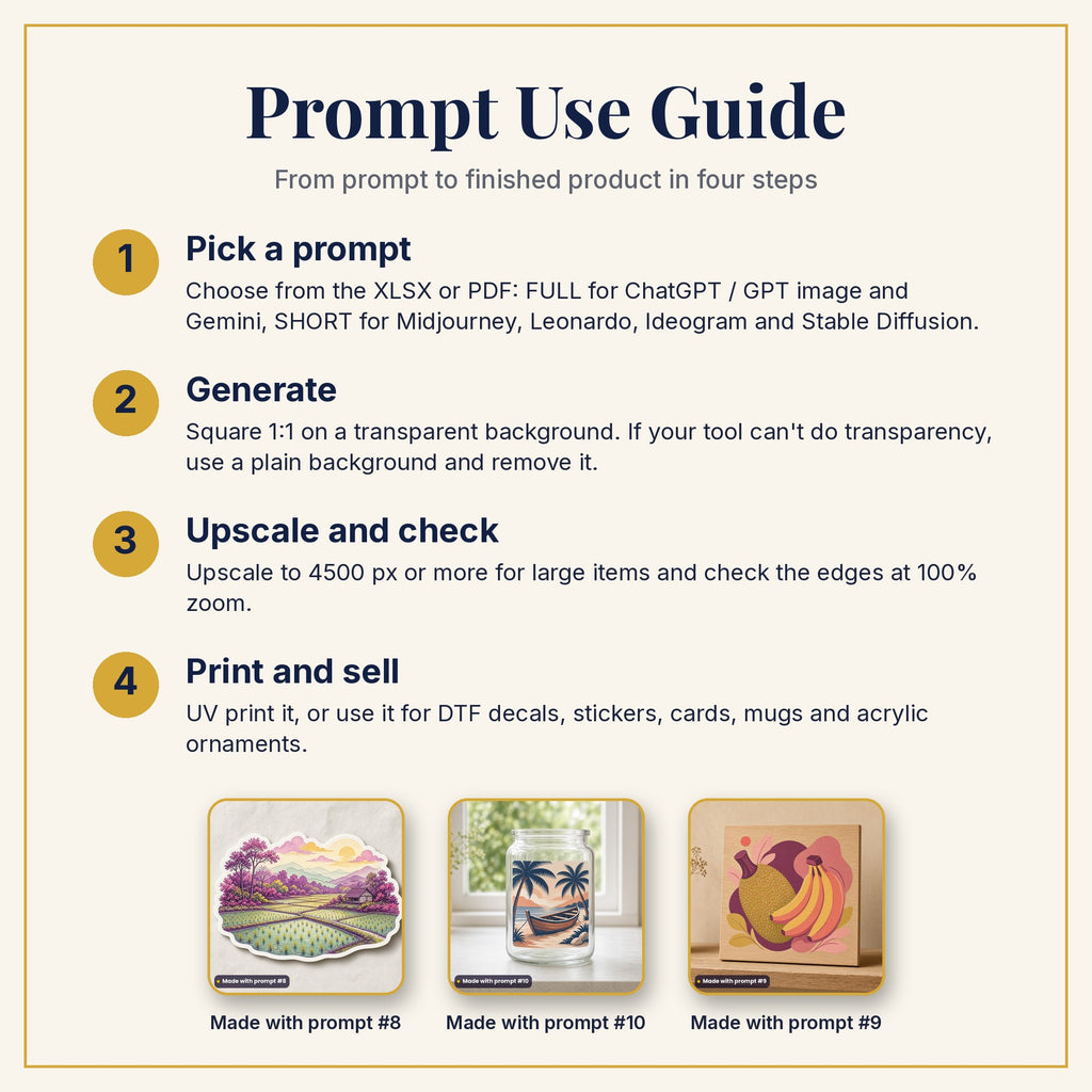 Prompt Use Guide: pick a prompt, generate, upscale and check, then print and sell, with example products made with prompts #8, #10 and #9