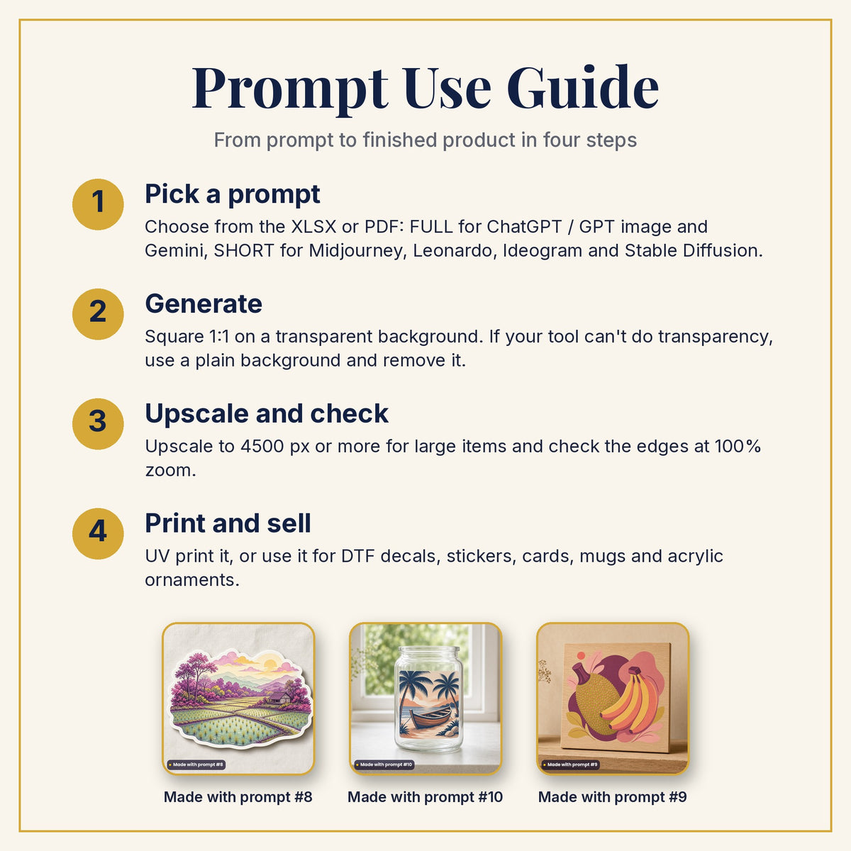 Prompt Use Guide: pick a prompt, generate, upscale and check, then print and sell, with example products made with prompts #8, #10 and #9